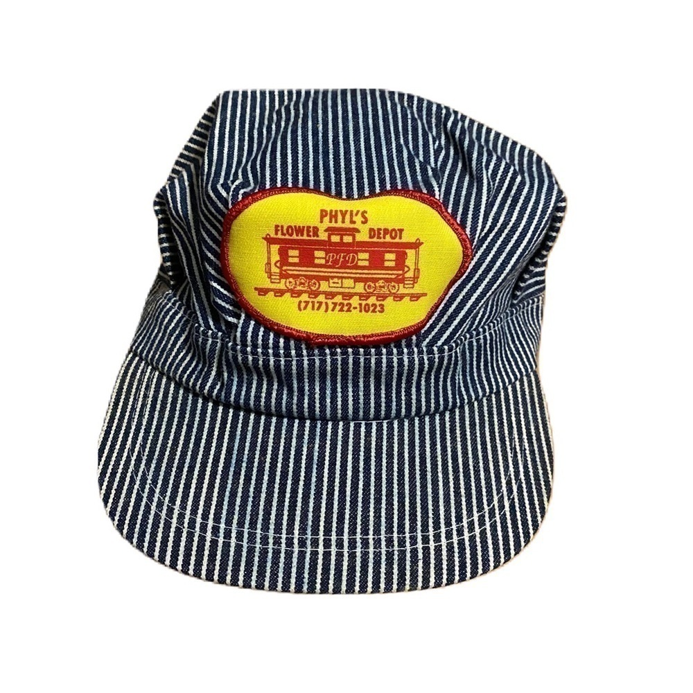 Vintage Train Conductor Patch Hat Snap Back Phyl’s Flower Depot Navy Blue White